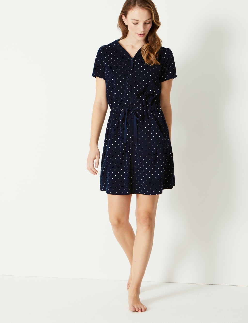Terry Dotted Zip up Short Dressing Gown M S Collection M S