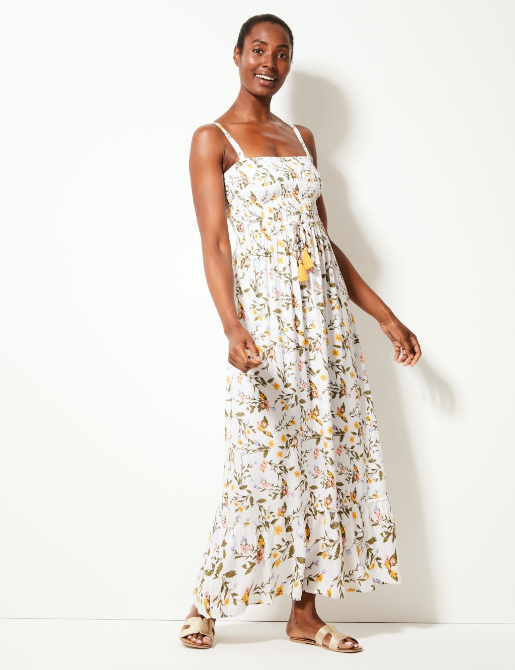 Floral Print Shirred Slip Beach Dress M S Collection M S