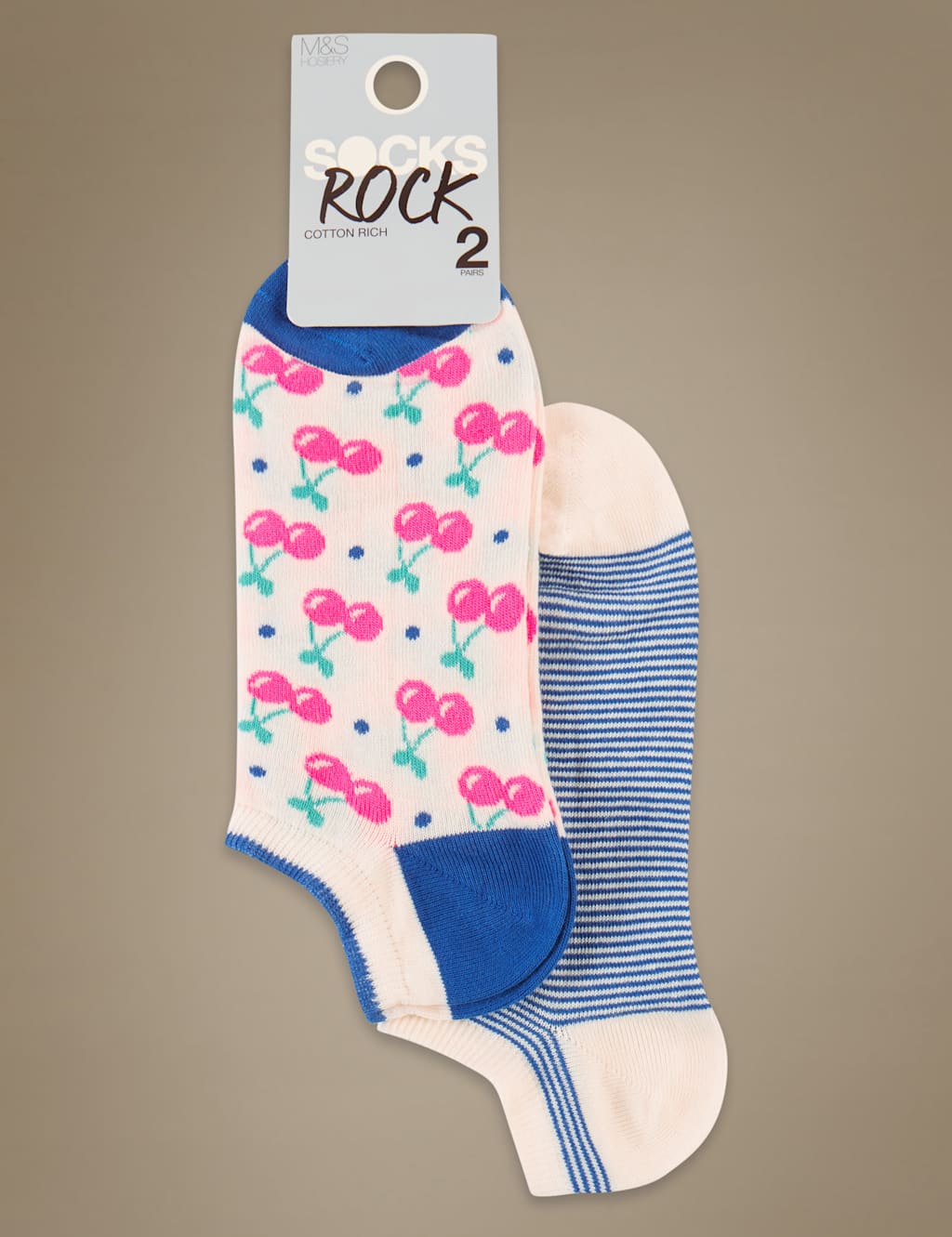 2 Pair Pack Striped & Cherry Print Trainer Liner Socks 1 of 2