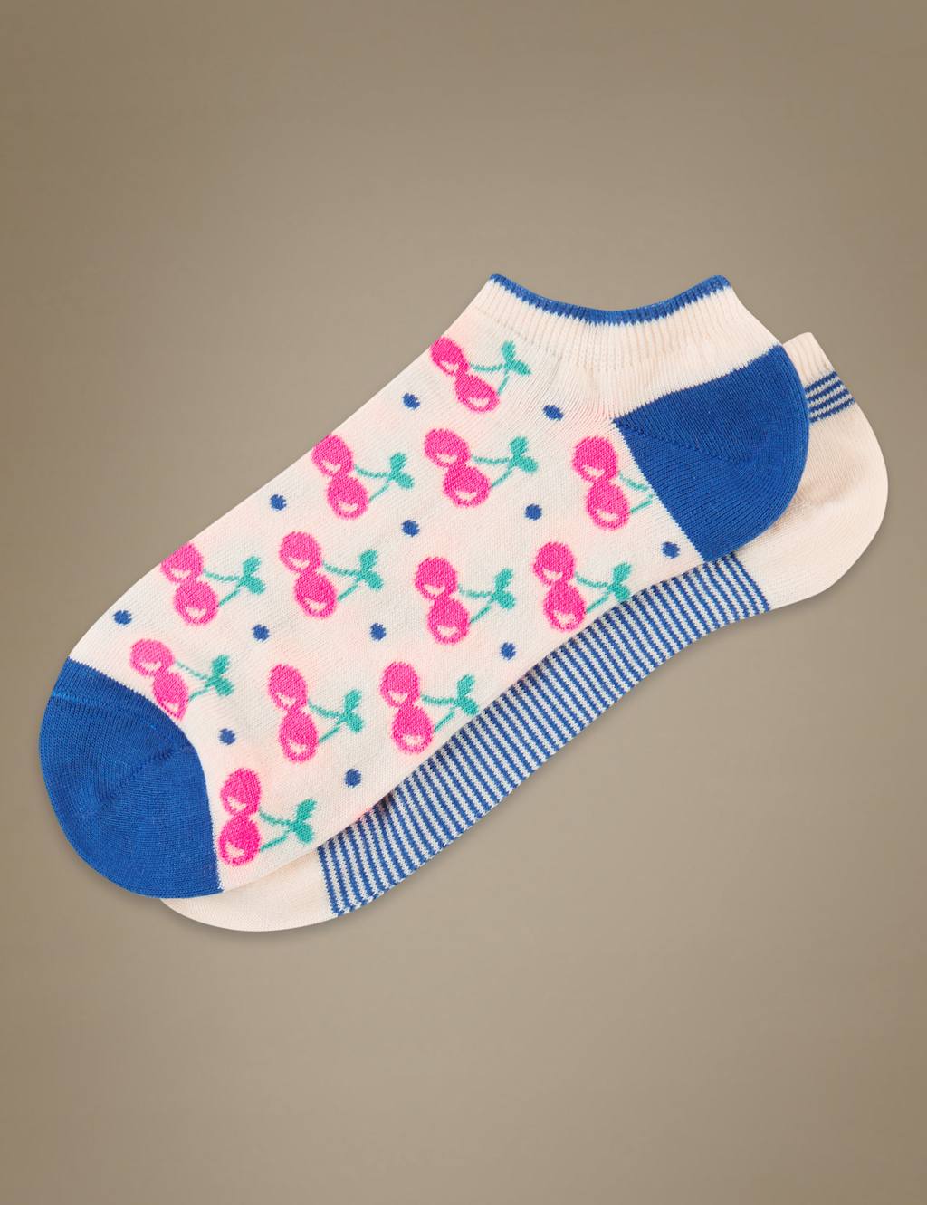 2 Pair Pack Striped & Cherry Print Trainer Liner Socks 2 of 2