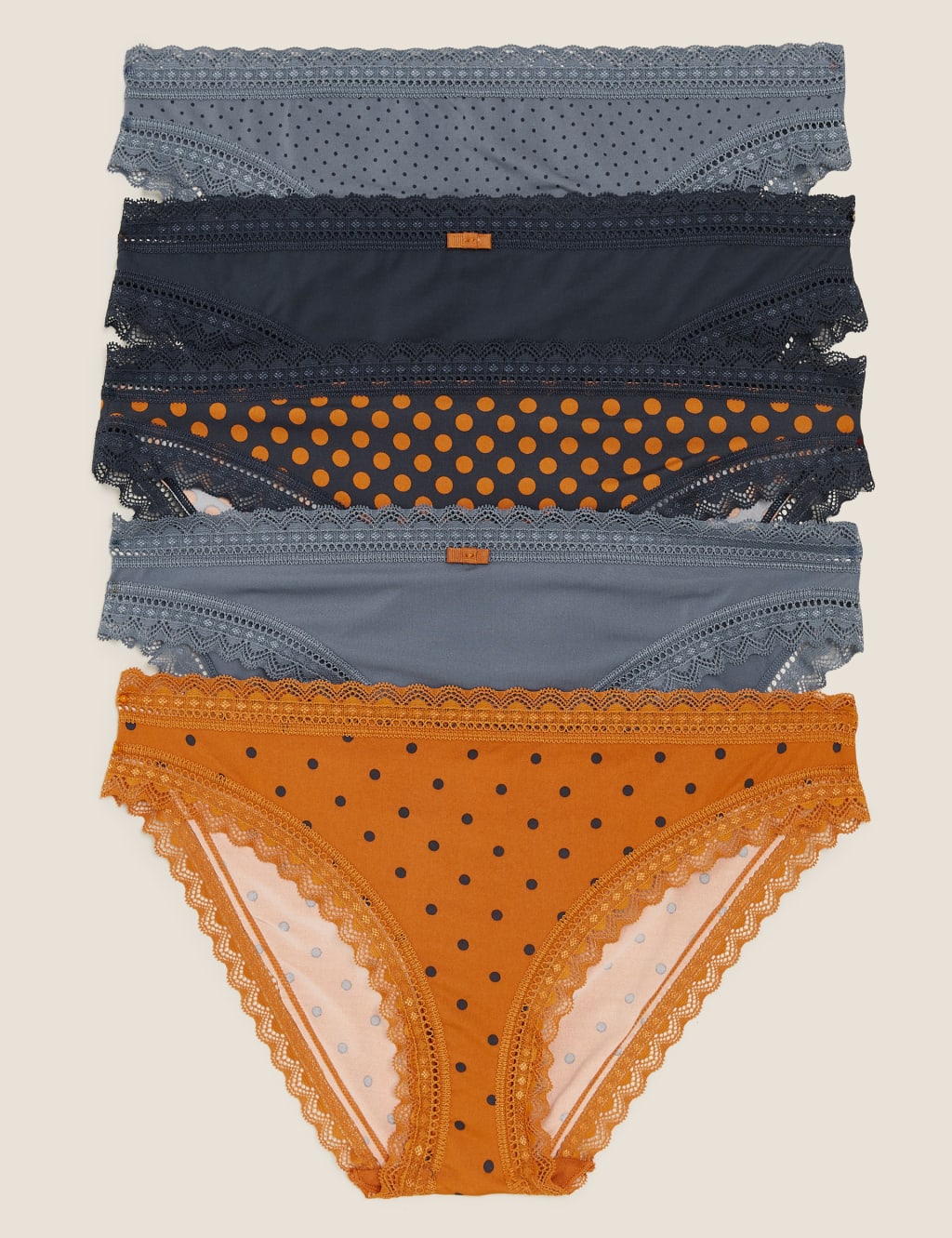 5pk Microfibre & Lace Spot Bikini Knickers 1 of 3