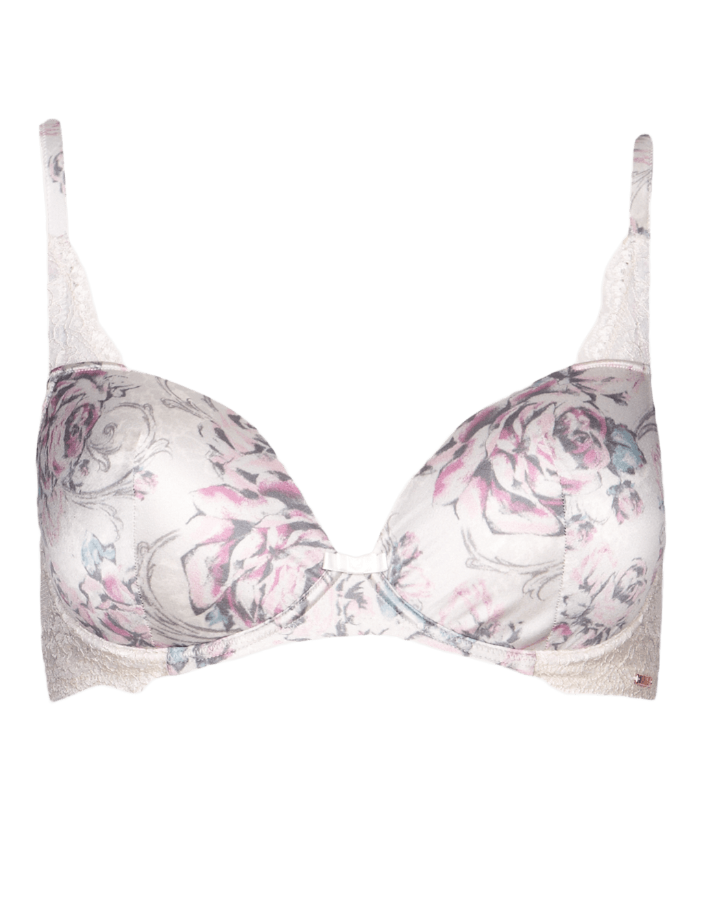Rose Print Silk Padded Plunge A-DD Bra with French Designed Rose Lace 2 of 5