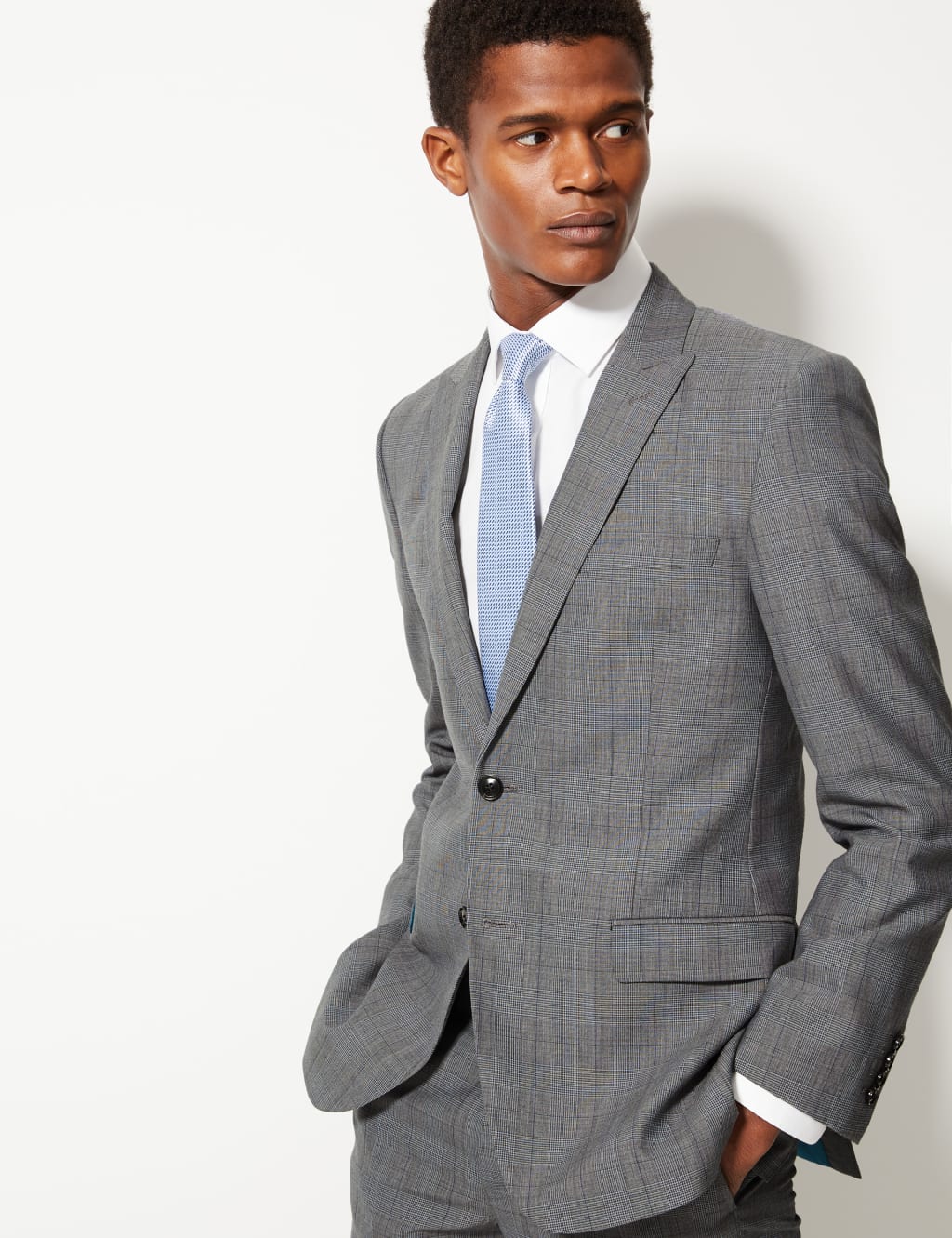 Grey Checked Tailored Fit Wool Jacket Savile Row Inspired M S