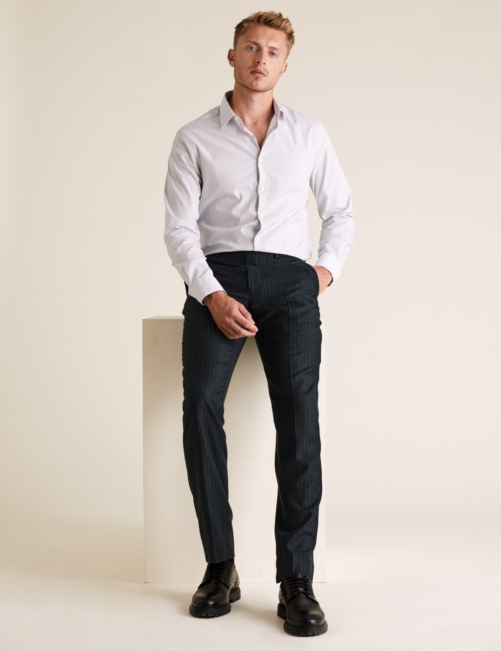 Pure Wool Pinstriped Flat Front Trousers 1 of 6