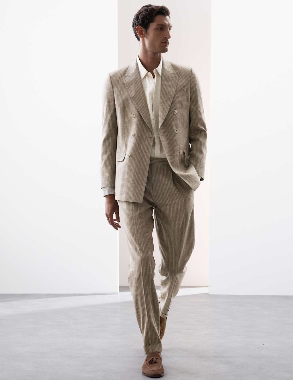 Tailored Fit Italian Performance Linen Blend Pinstripe Suit Trousers 4 of 8