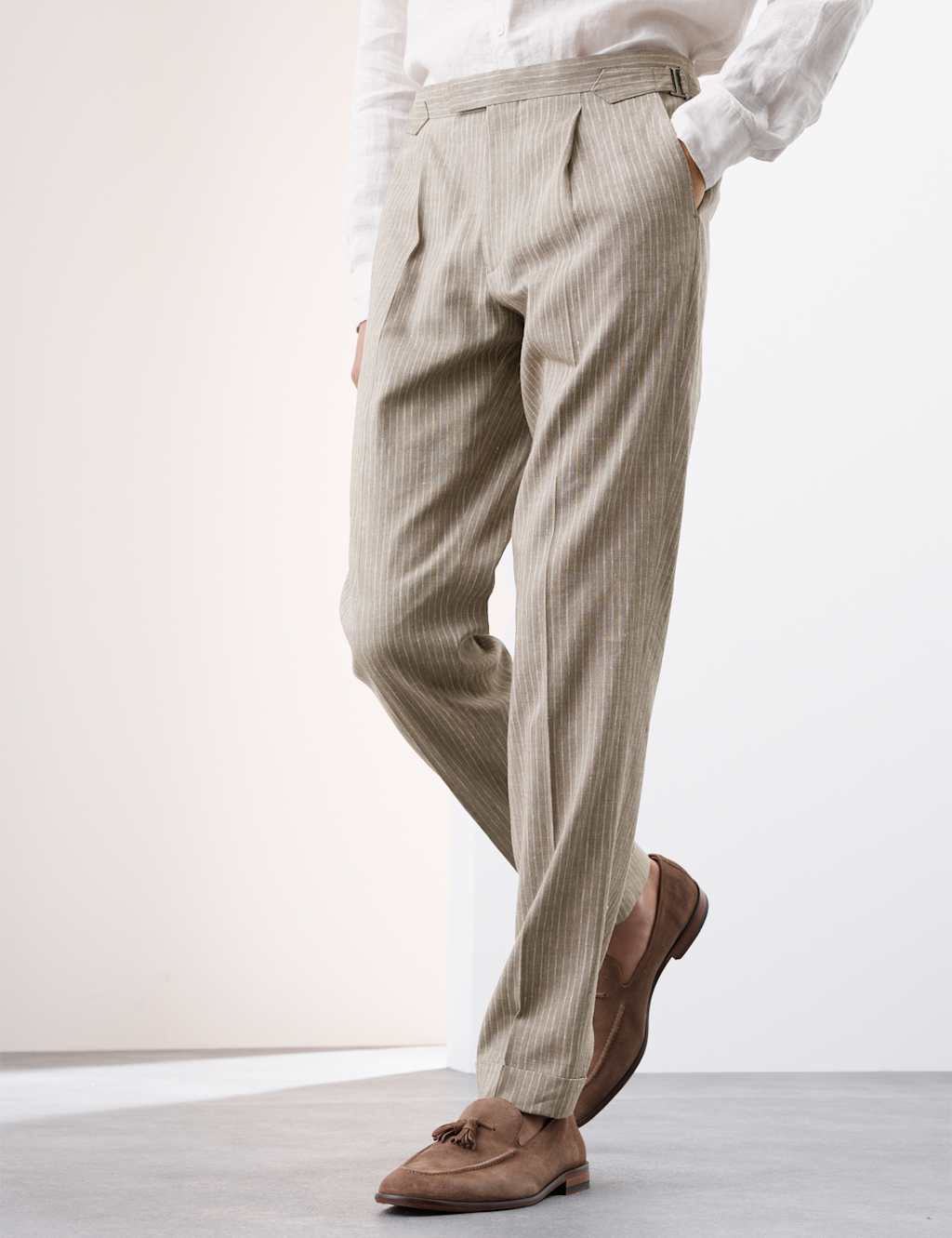 Tailored Fit Italian Performance Linen Blend Pinstripe Suit Trousers 7 of 8