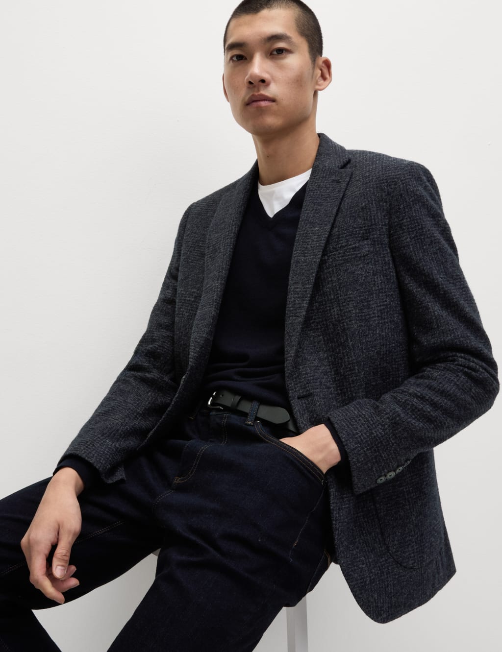 Tailored Fit Wool Blend Check Textured Blazer