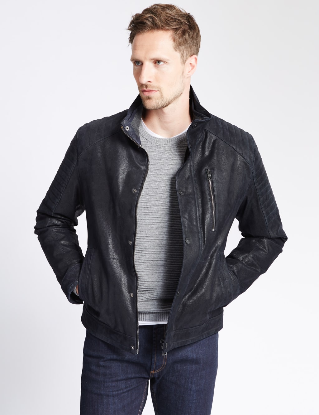 M&s leather biker jacket on sale