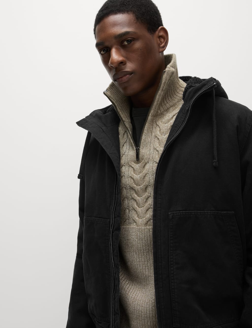 Pure Cotton Hooded Borg Lined Canvas Jacket M S Collection M S