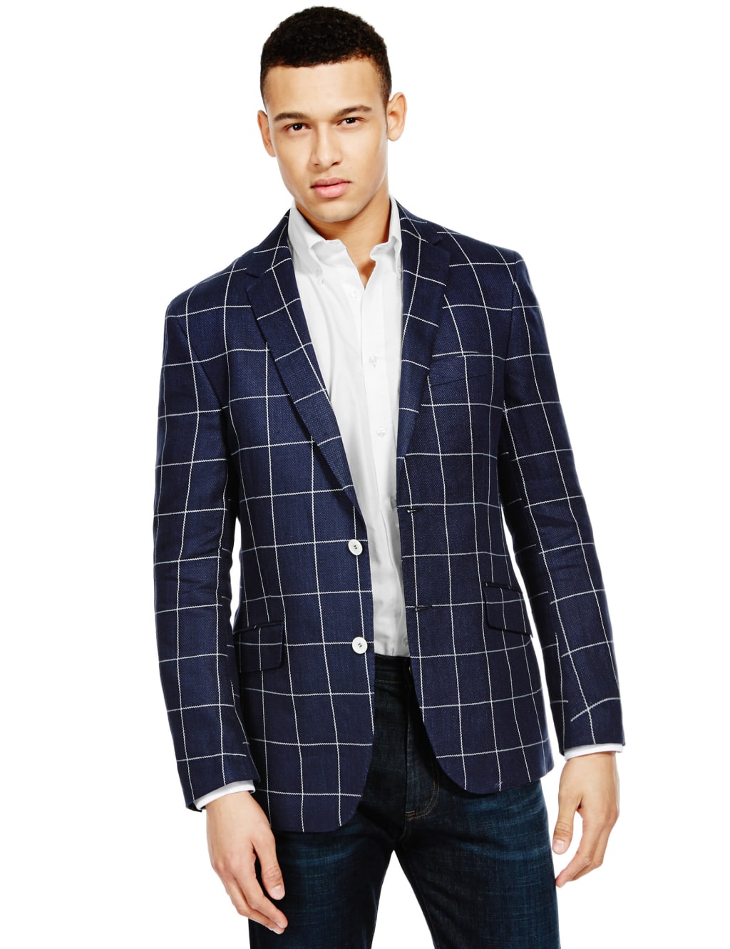 Linen Blend Tailored Fit 2 Button Windowpane Check Jacket 1 of 7