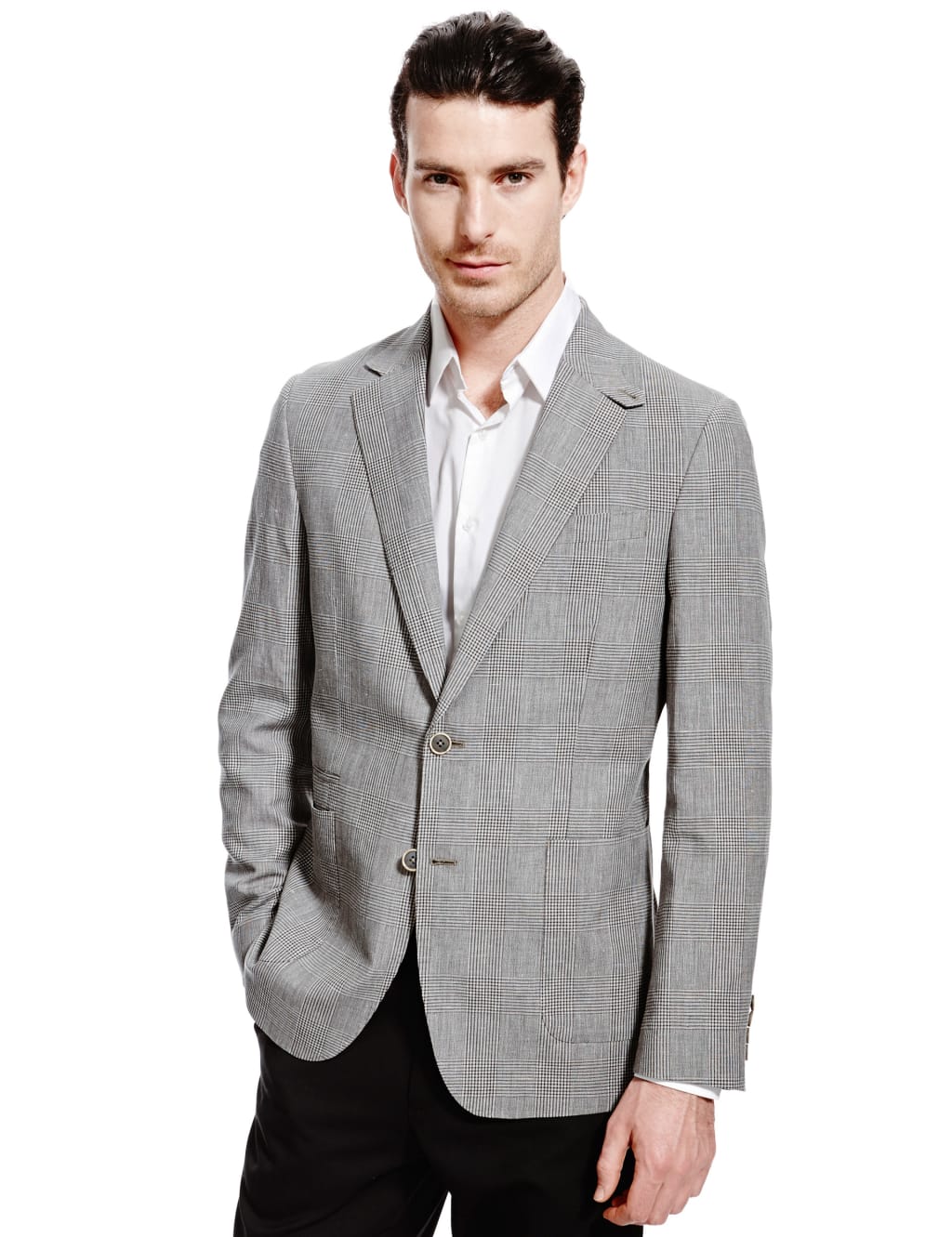 Luxury Linen Blend Prince of Wales Check Jacket with Wool Collezione M S