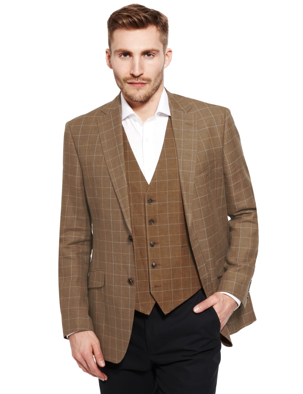 Notch Lapel 2 Button Deco Design Checked Jacket with Linen 1 of 7
