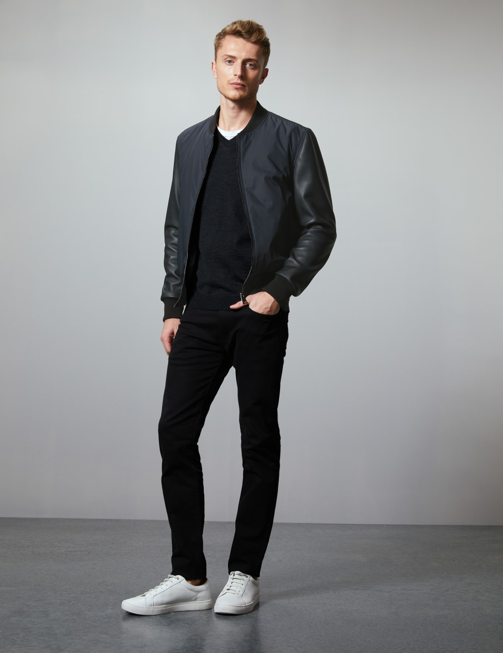 Leather Sleeve Bomber Jacket Autograph M S