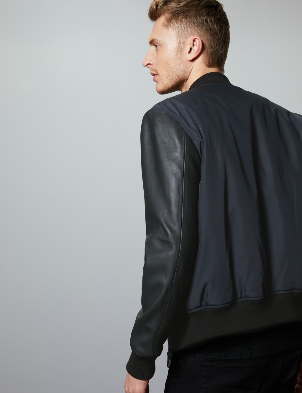 Leather sleeve bomber jacket online
