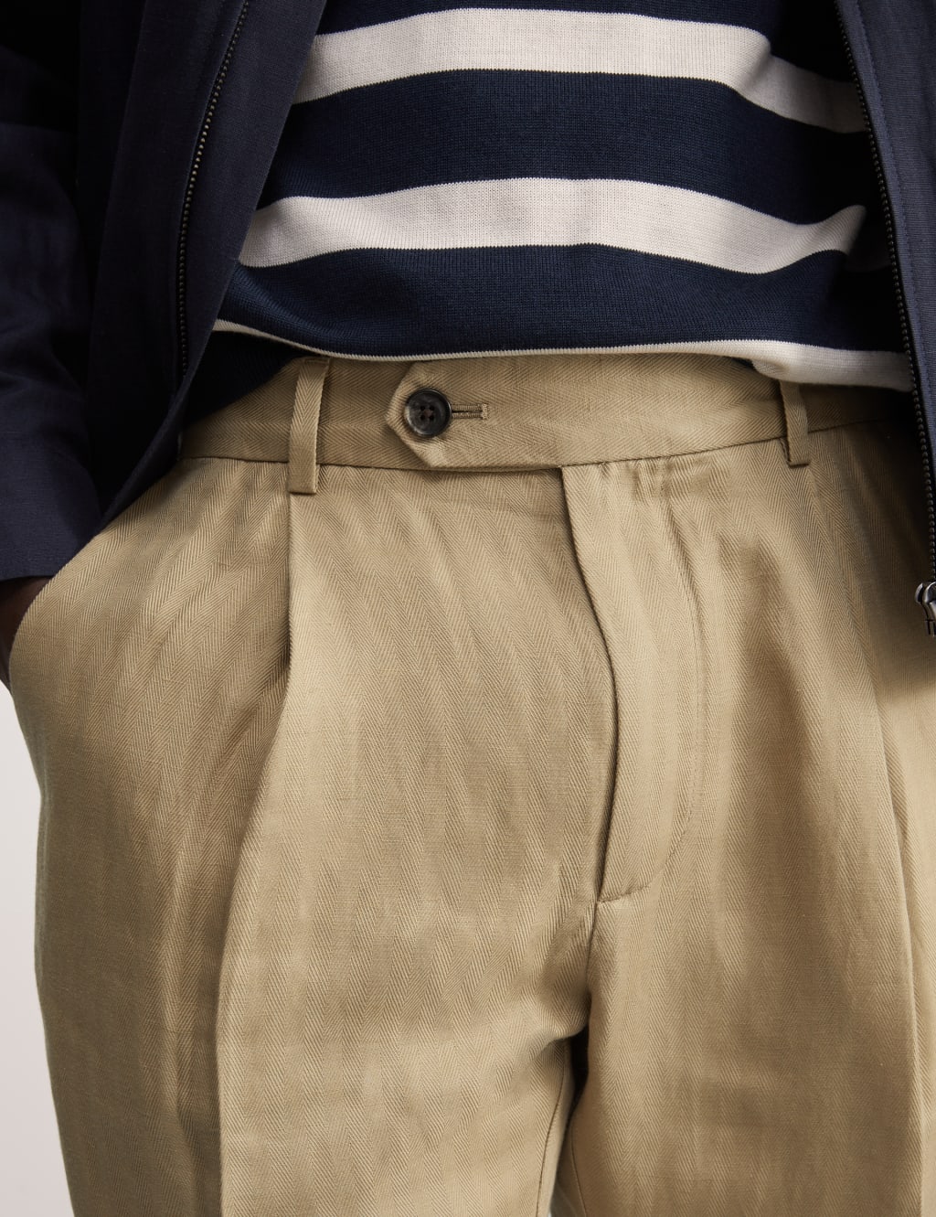 Tapered Fit Linen Blend Single Pleat Trousers