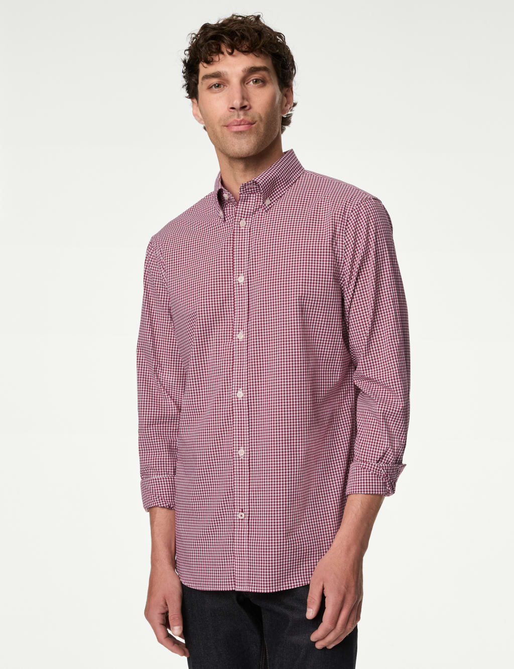 Easy Iron Cotton Stretch Gingham Oxford Shirt M S Collection M S