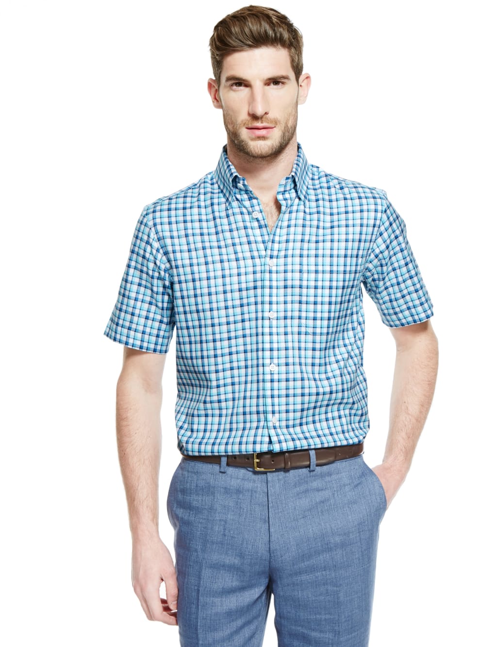 Pure Cotton Short Sleeve Overchecked Shirt 1 of 3
