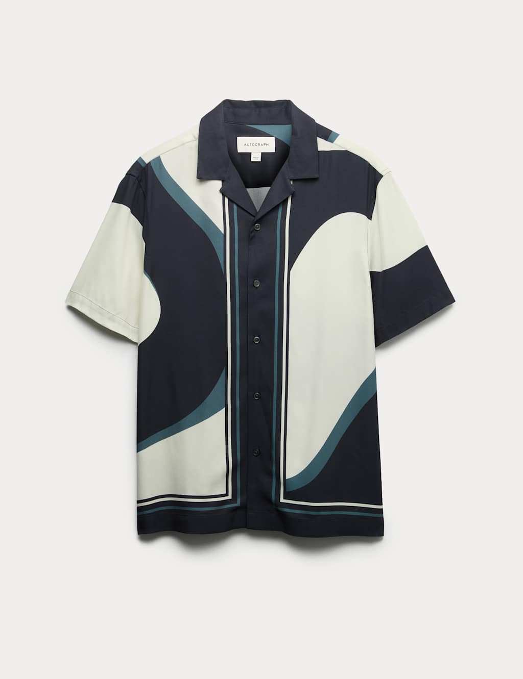 A white and blue abstract short sleeve collared shirt