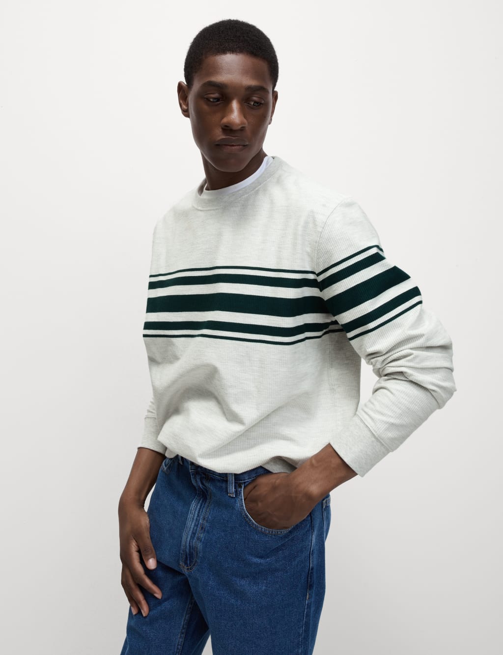 Cotton Rich Waffle Striped Sweatshirt