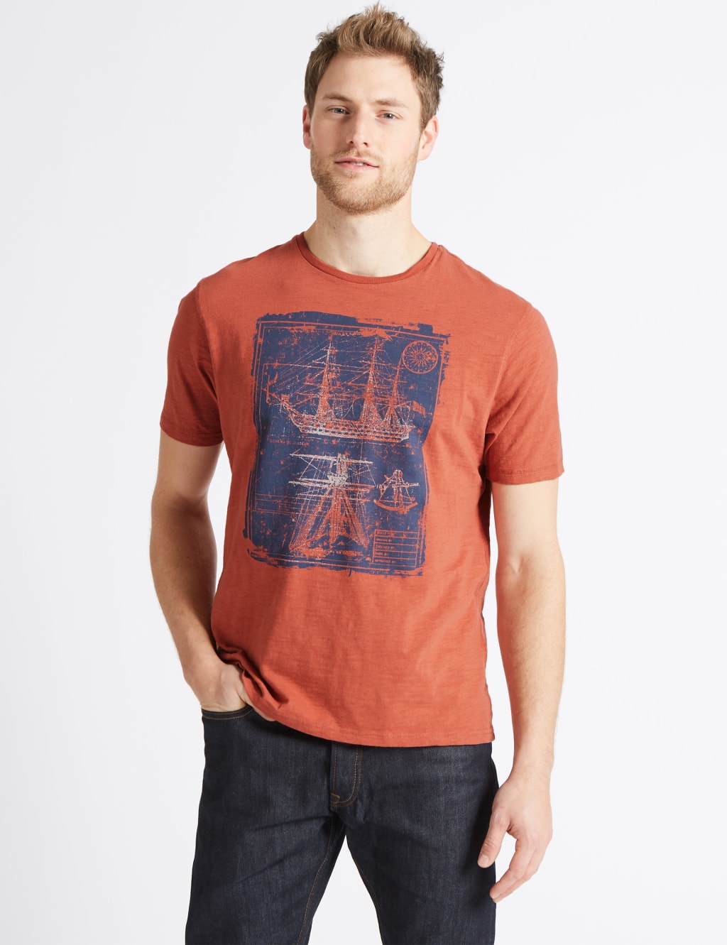 Pure Cotton Boat Design Crew Neck T-Shirt 1 of 4