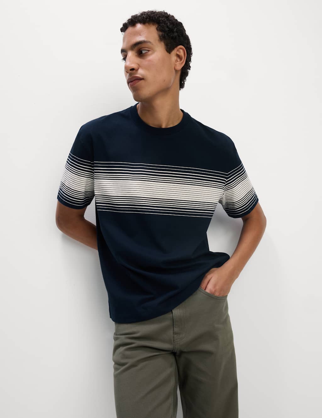Pure Cotton Chest Stripe Crew Neck T-Shirt 5 of 5