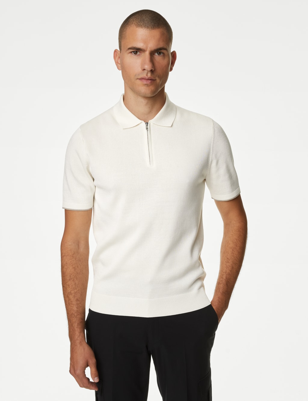 Pure Cotton Zip Up Knitted Polo Shirt