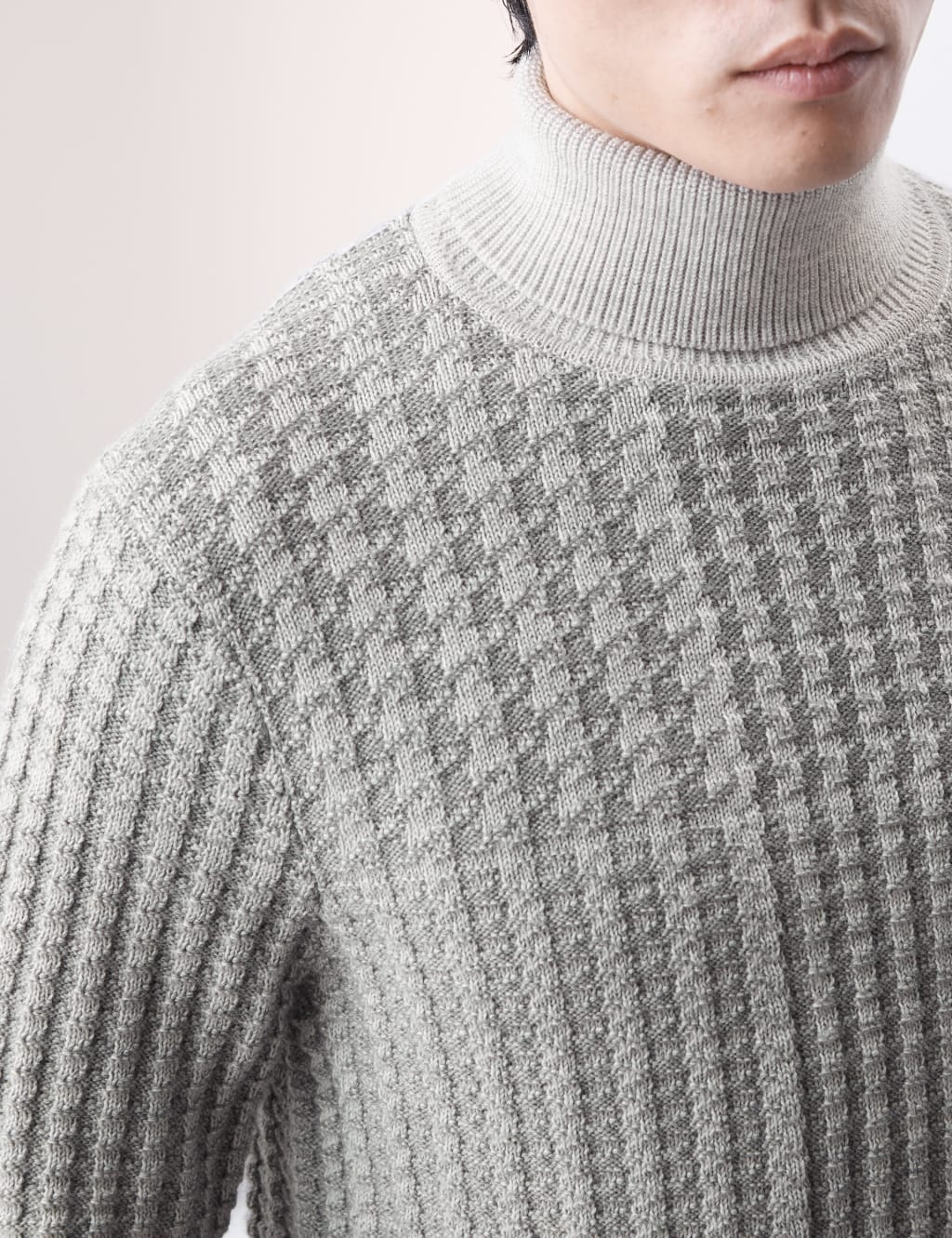 Pure Merino Wool Checked Roll Neck Jumper