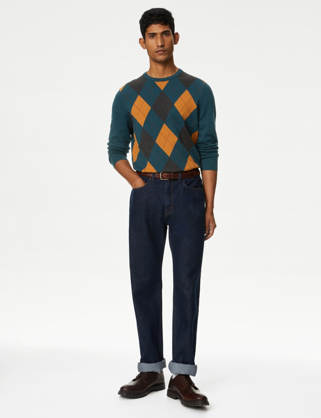Pure Cotton Argyle Crew Neck Jumper 4 of 6