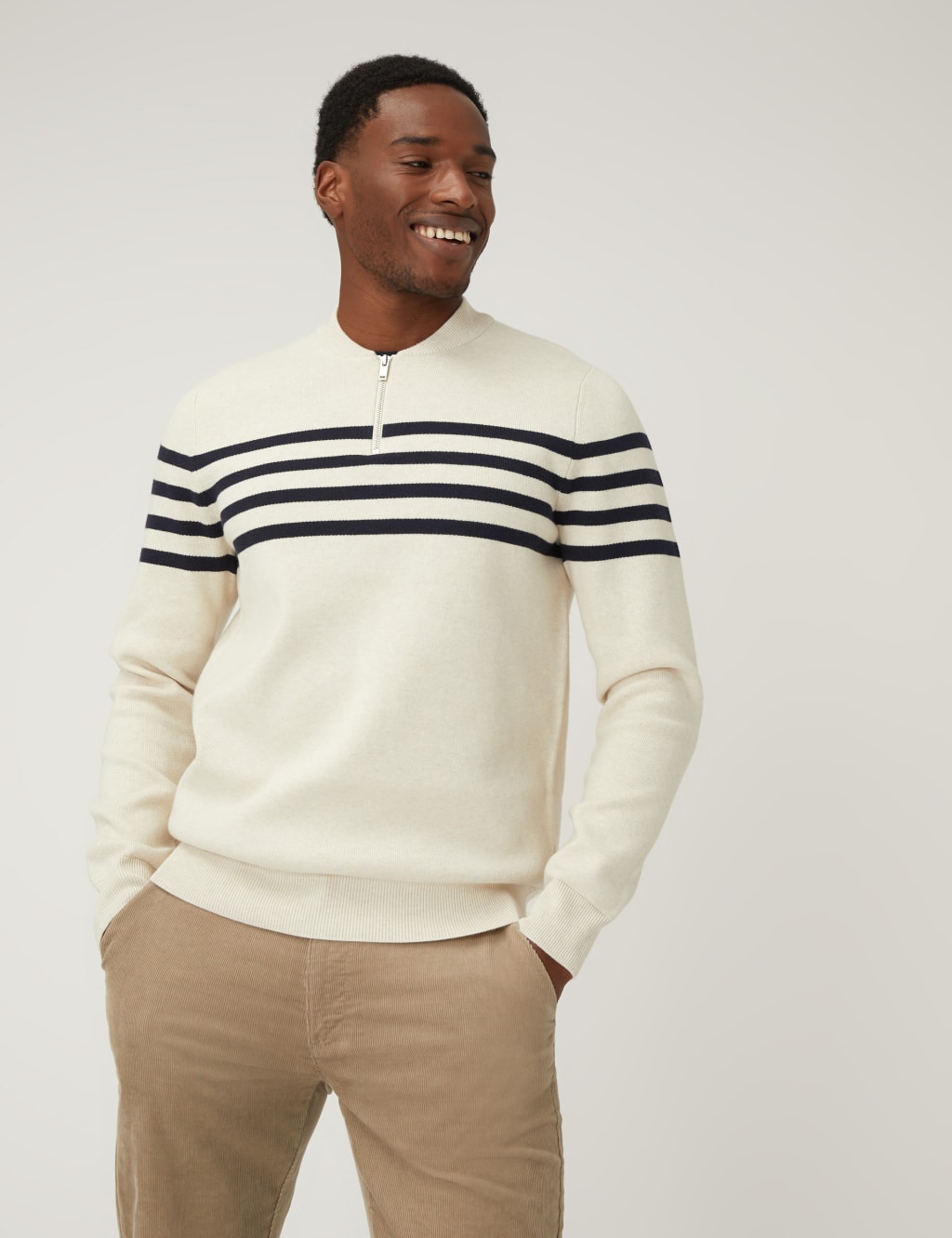 Cotton Blend Striped Half Zip Jumper 1 of 5