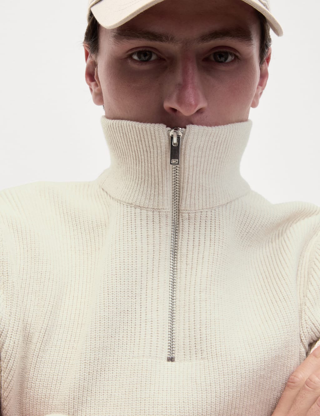 Cotton Blend Ribbed Funnel Neck Jumper