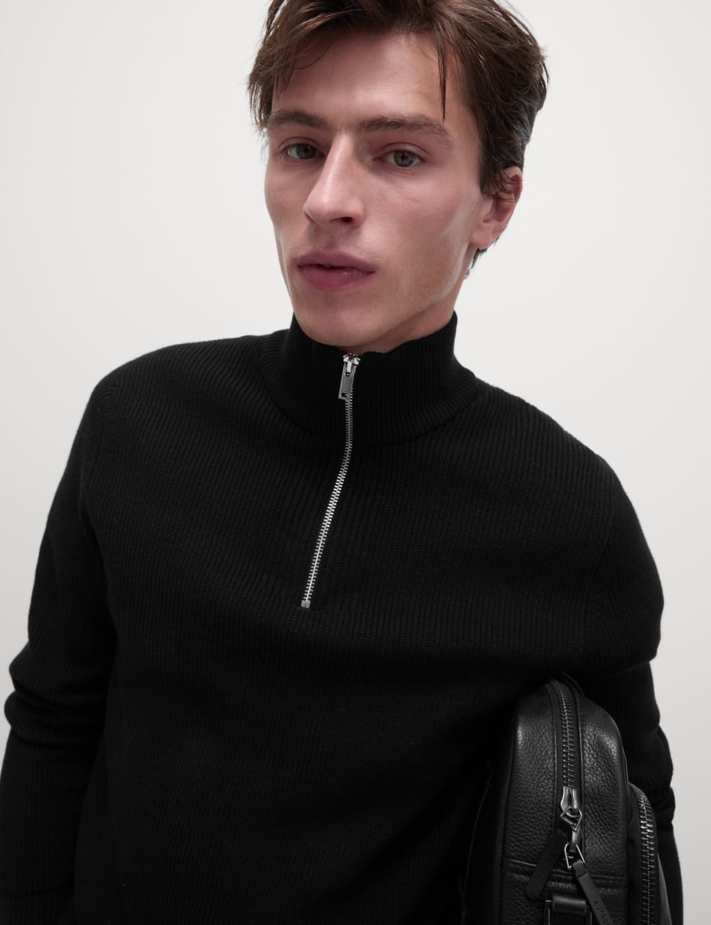Cotton Blend Ribbed Funnel Neck Jumper