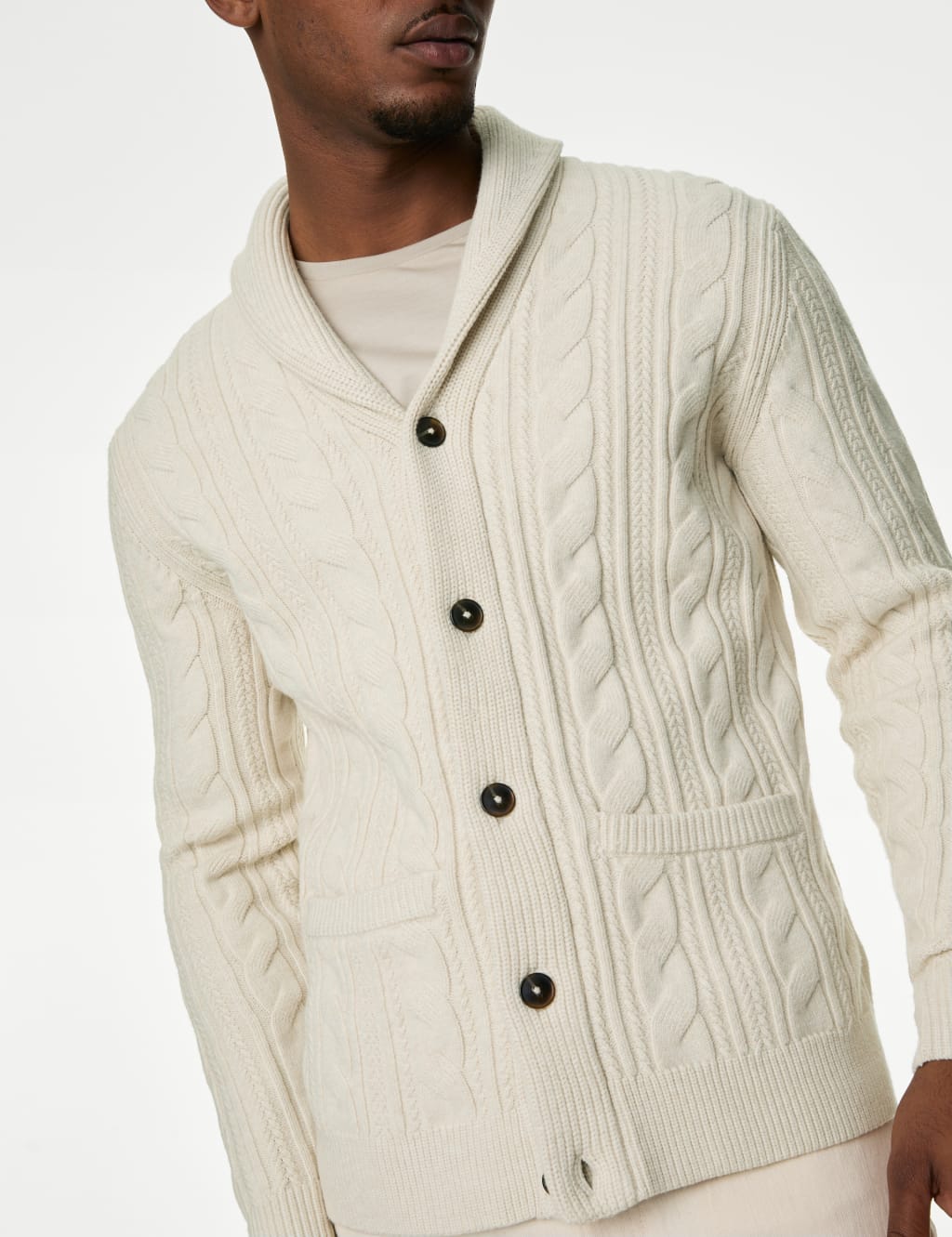 Cotton Blend Cable Shawl Collar Cardigan M S Collection M S