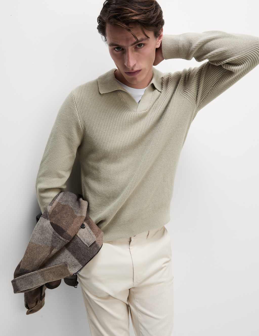 Cotton Rich Open Neck Jumper with Wool 1 of 5