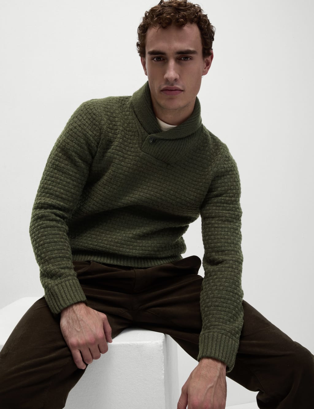 Textured Shawl Collar Jumper with Wool M S Collection M S