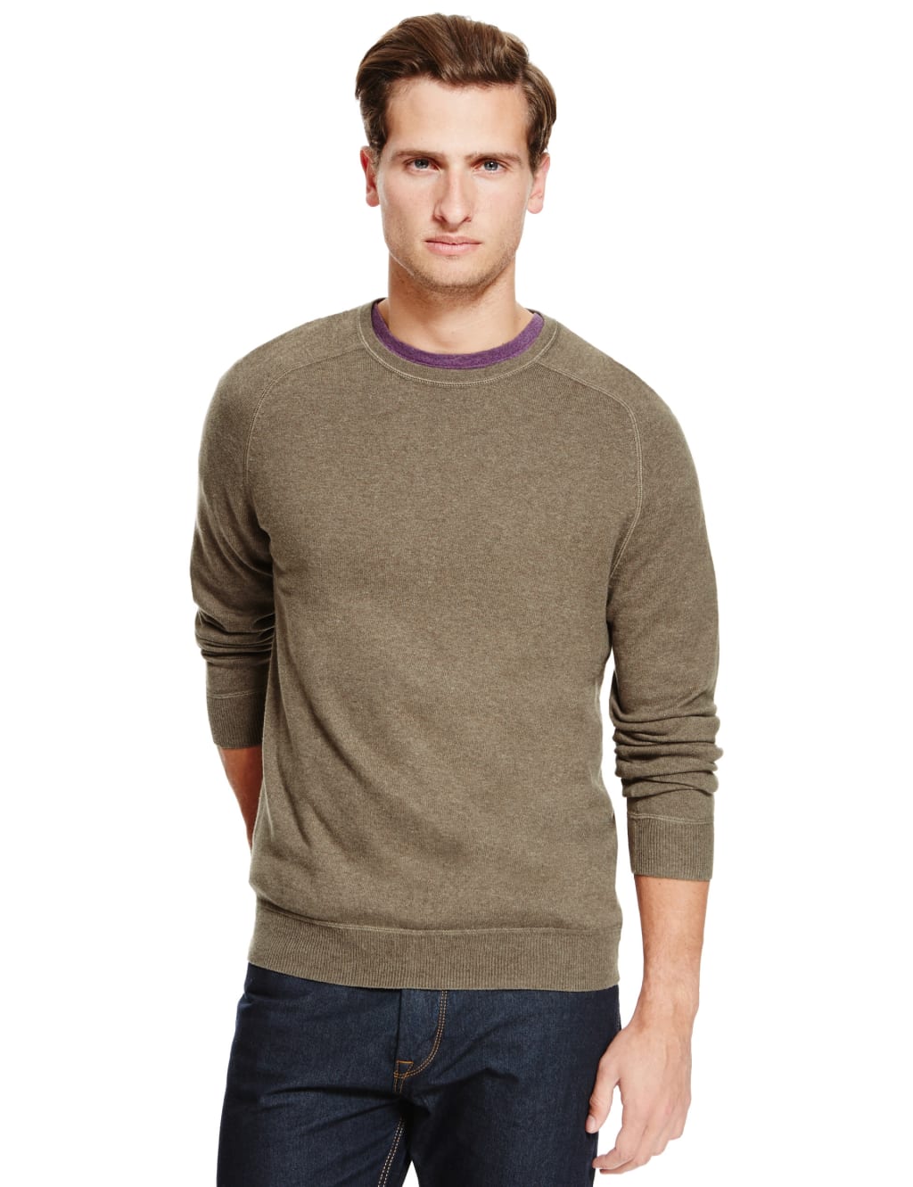 Cotton Rich Crew Neck Jumper with Cashmere M S Collection M S