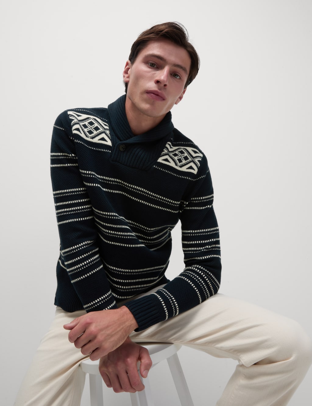Cotton Blend Fair Isle Shawl Collar Jumper M S Collection M S