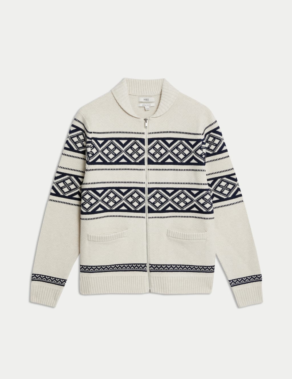 Cotton Blend Fair Isle Shawl Collar Cardigan