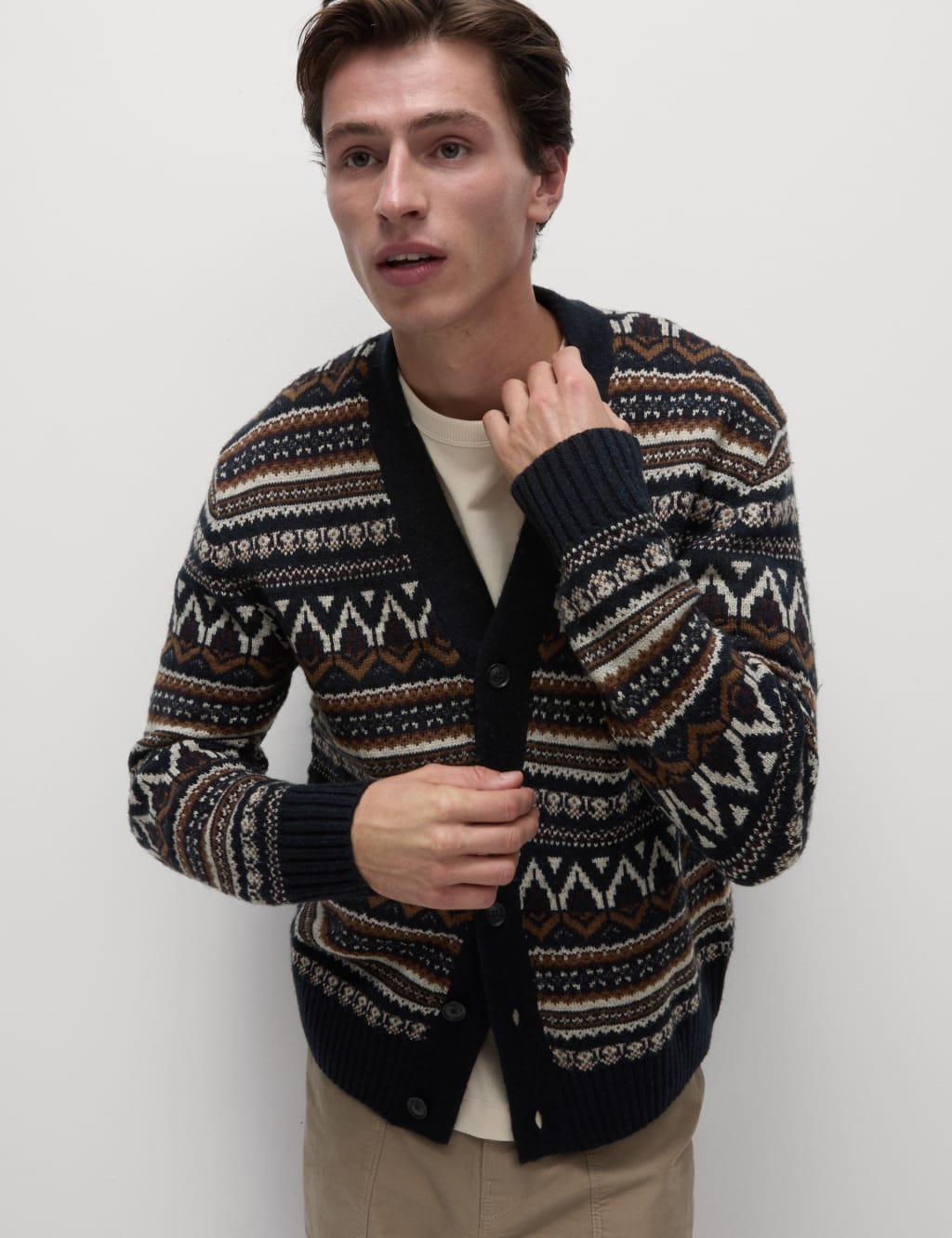 Lambswool Blend Fair Isle V Neck Cardigan