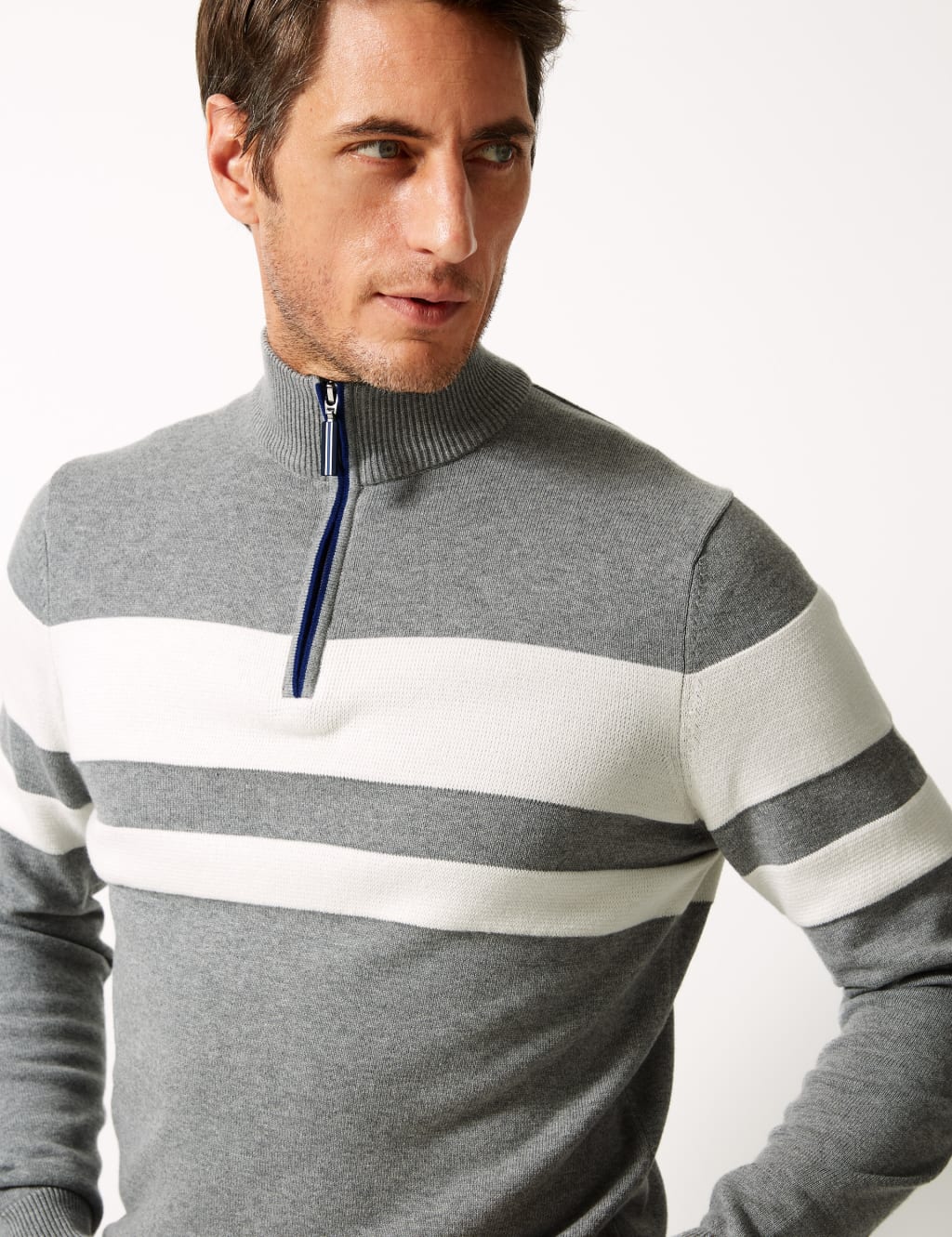 Cotton Rich Striped Half Zip Jumper Blue Harbour M S