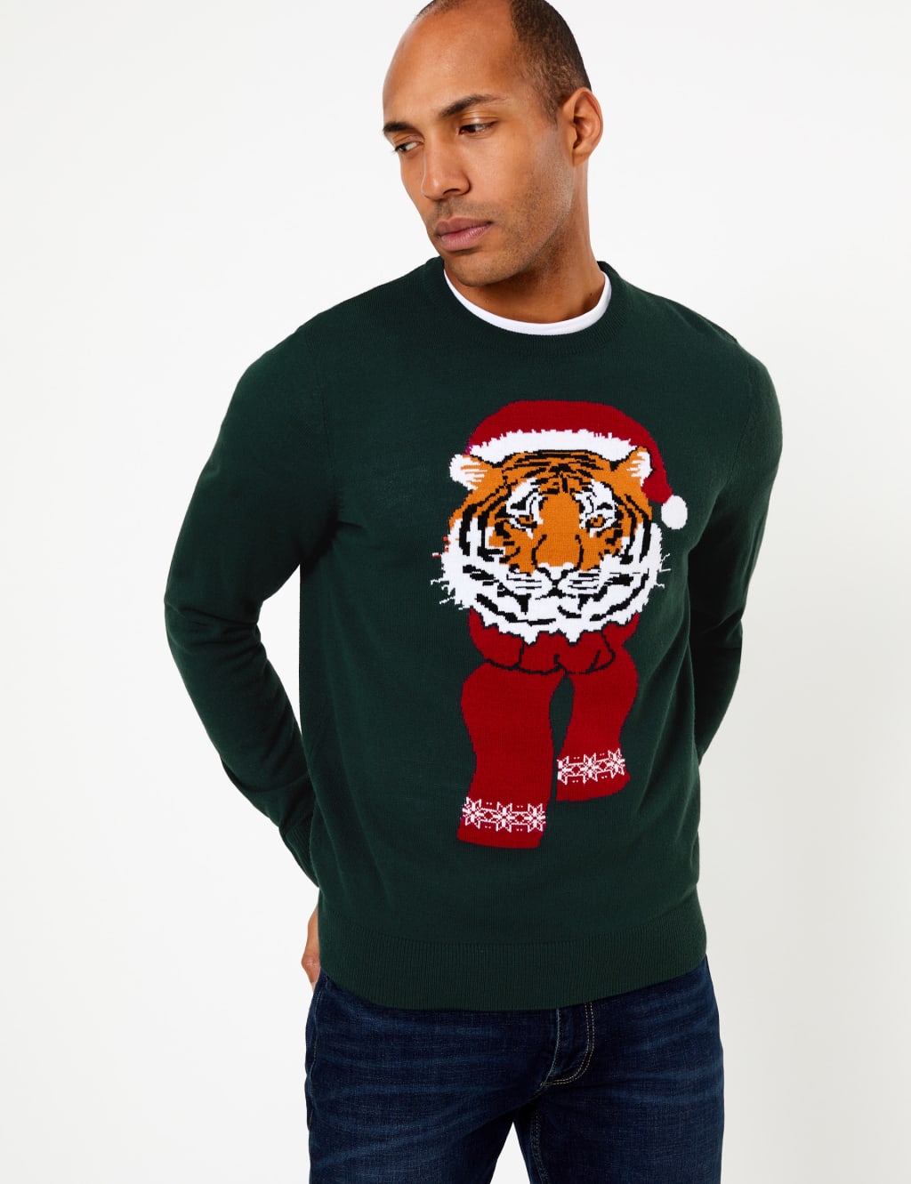 Christmas Tiger with Hat Design Crew Neck Jumper M S Collection M S