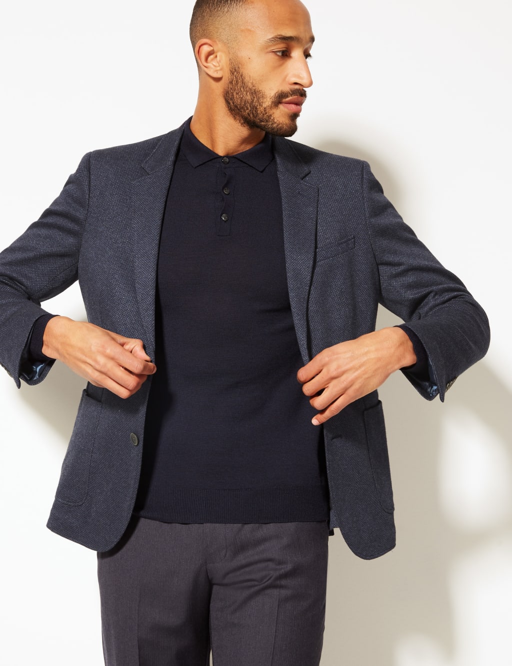 Cotton Blend Indigo Textured Slim Fit Jacket 1 of 7