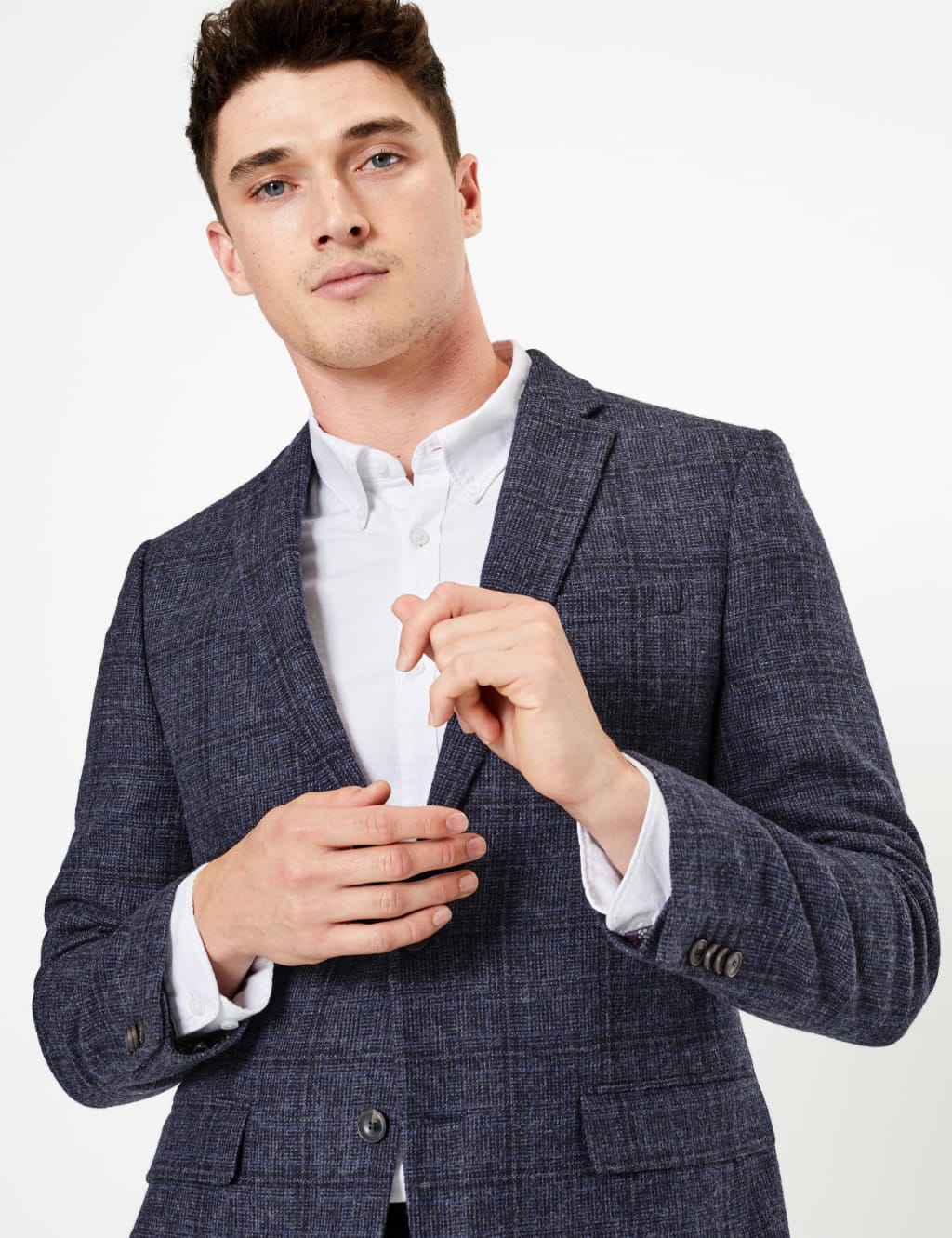 Blue Slim Fit Checked Jacket M S Collection M S