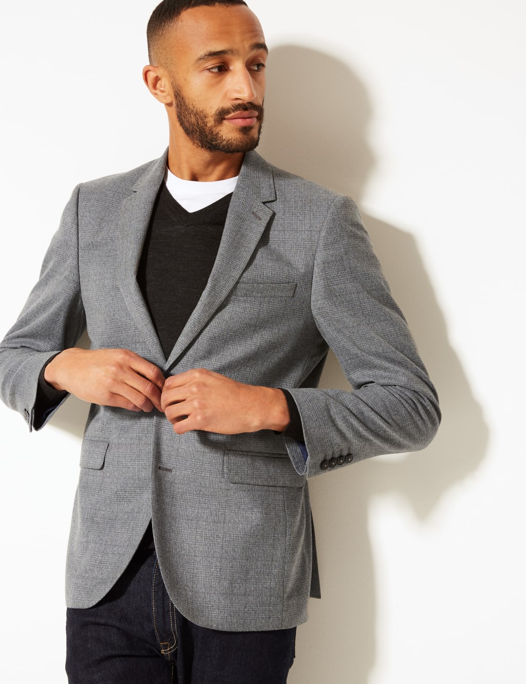 Grey Checked Tailored Fit Jacket M S Collection M S