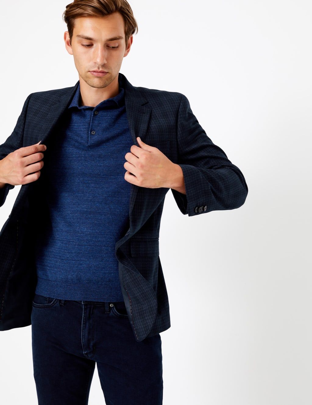 Navy Regular Fit Checked Jacket 1 of 7