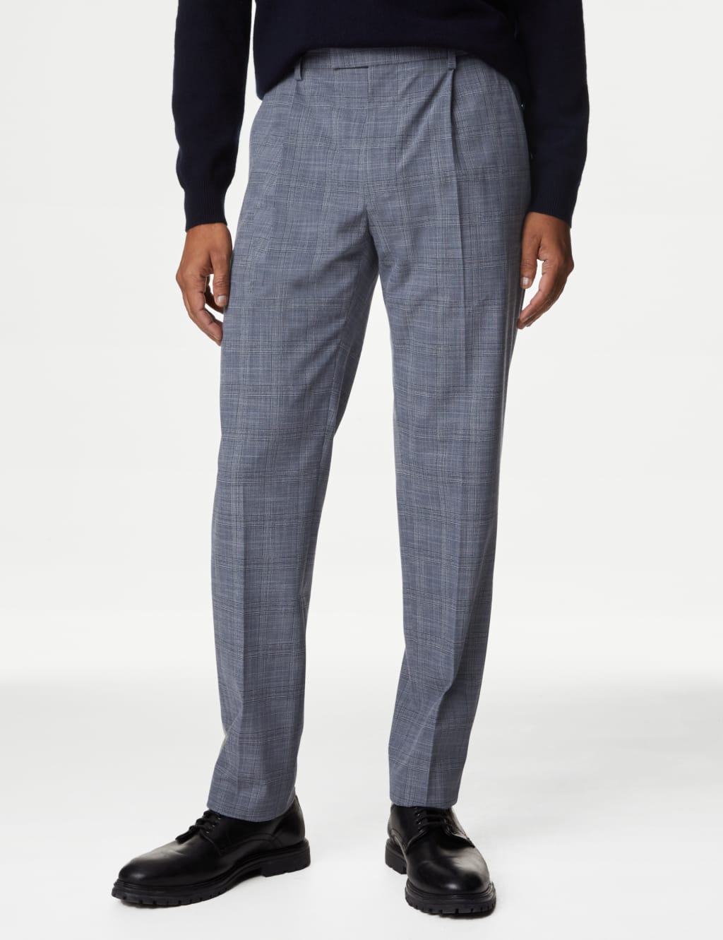 Single Pleat Checked Stretch Trousers