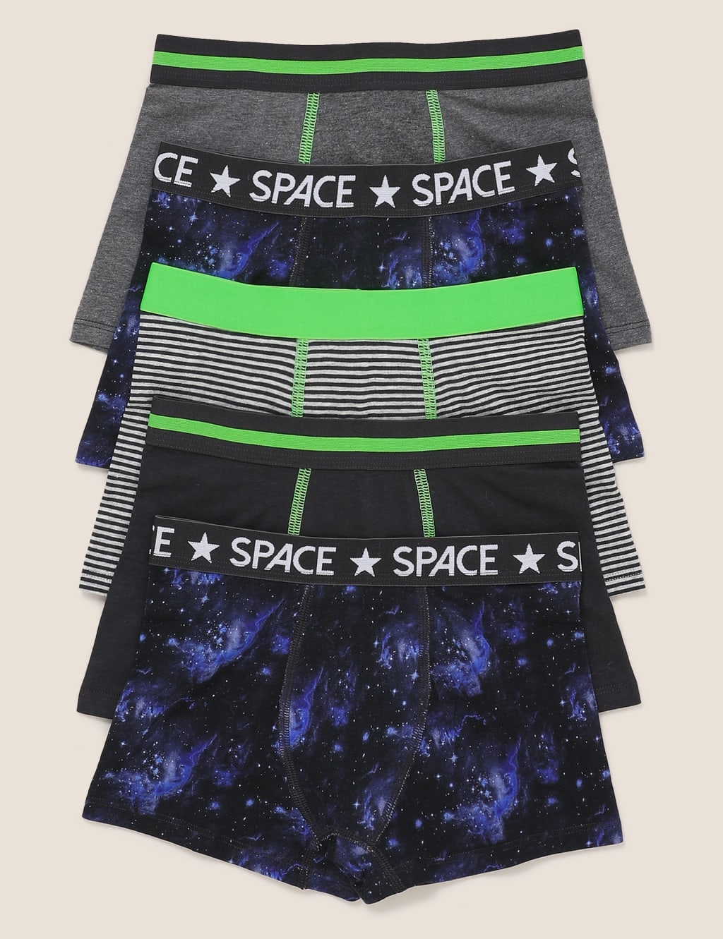 5pk Cotton with Stretch Space Trunks (2-16 Yrs) 1 of 1