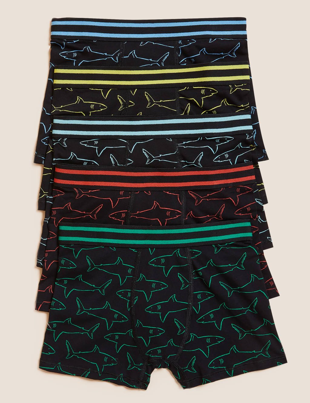 5pk Cotton Rich Shark Trunks (2-16 Yrs) 1 of 2