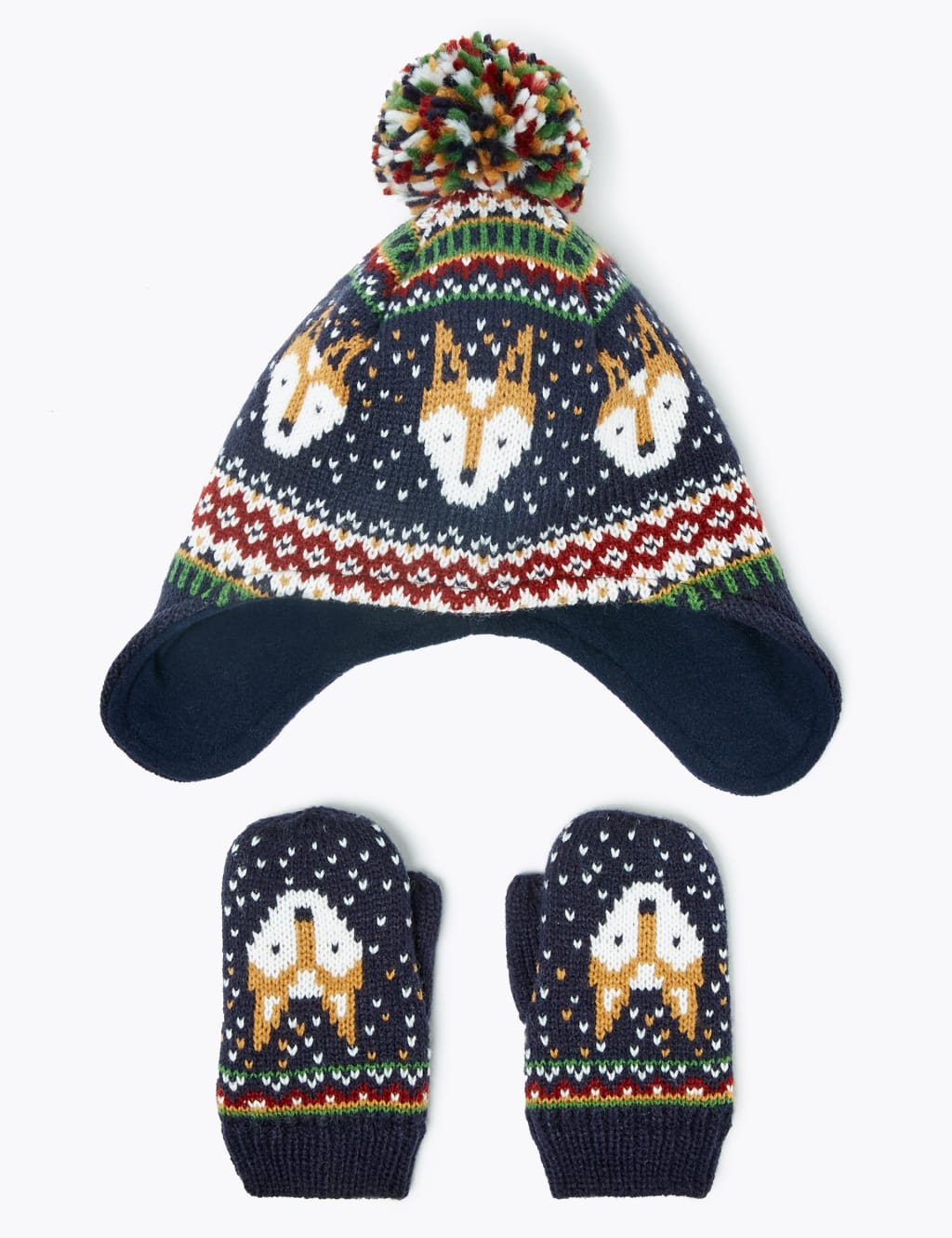 Kids’ Fair Isle Fox Print Trapper Hat & Mitten Set (6 Months - 6 Years) 1 of 1