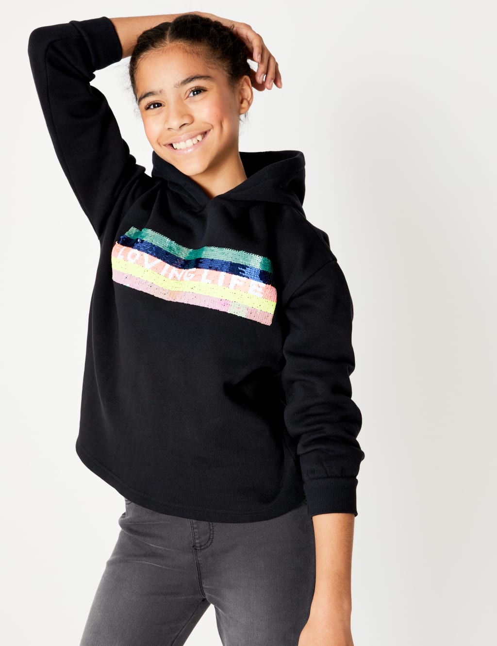 Reversible sequin hoodie top