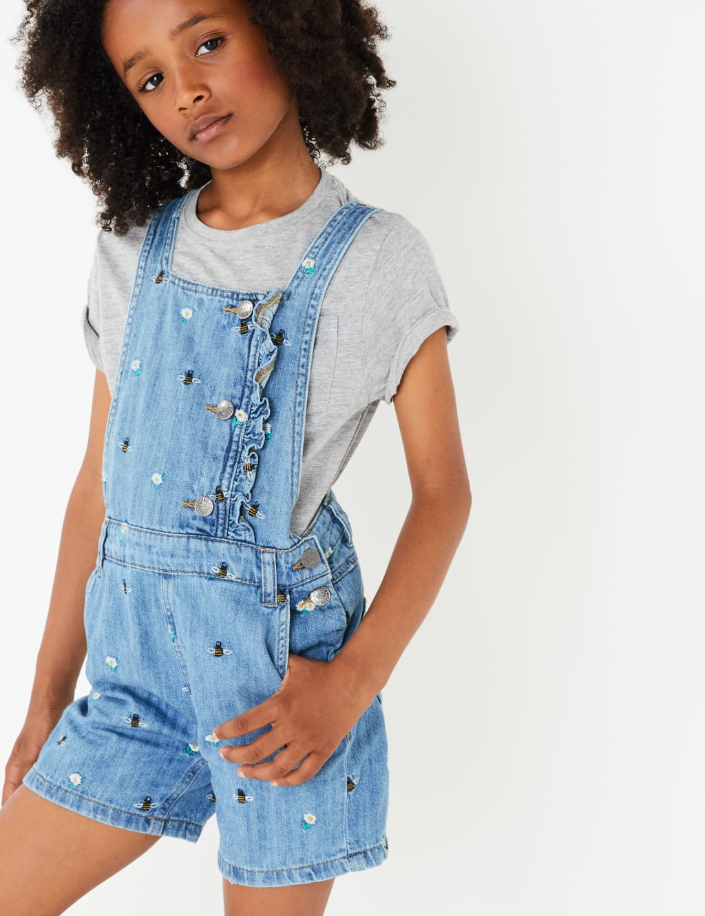 Pure Cotton Embellished Denim Short Dungarees (3-16 Years) 1 of 3